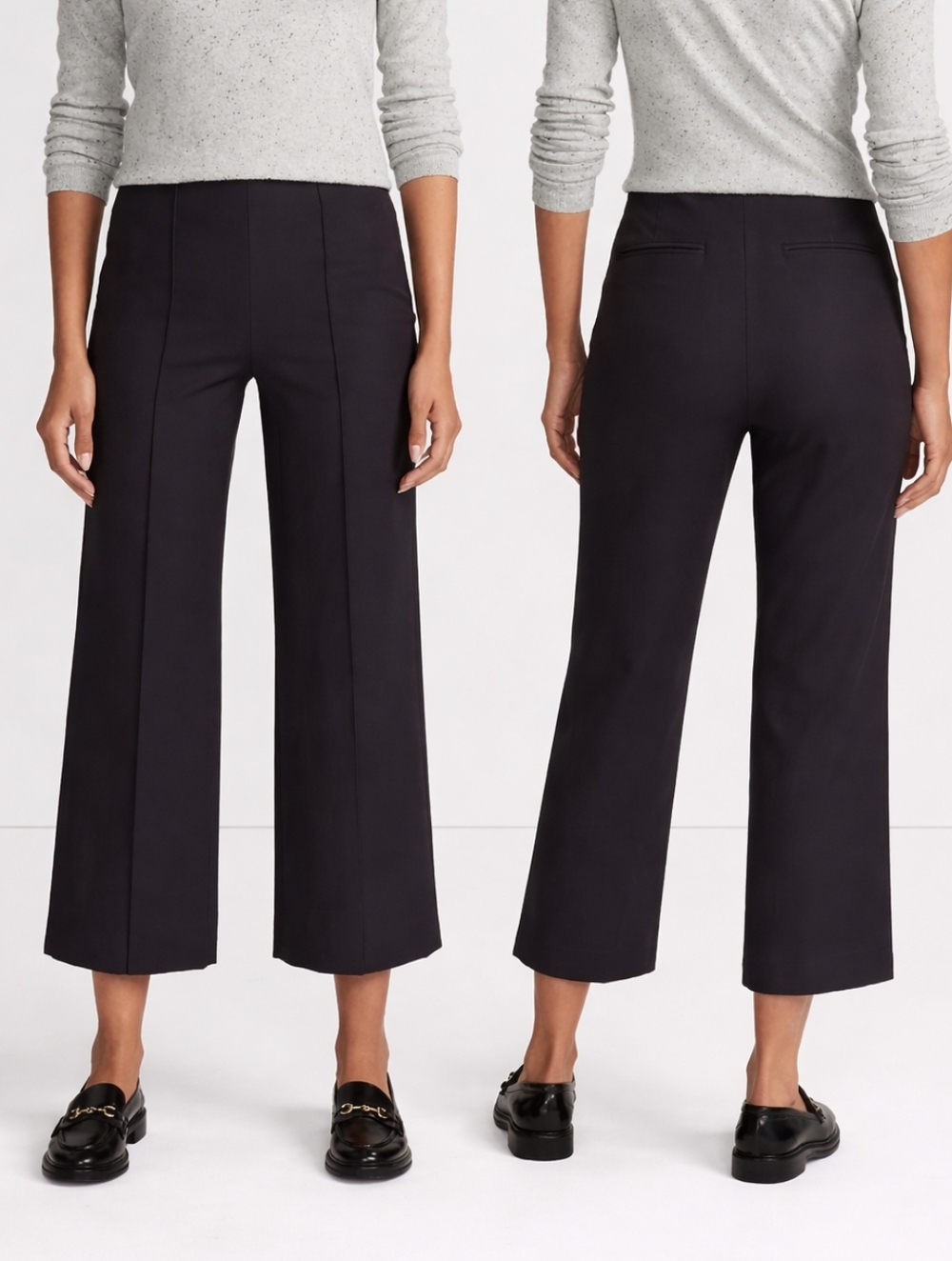 Lands End Stretch High Rise Pintuck Wide Leg Crop Pants Black 12